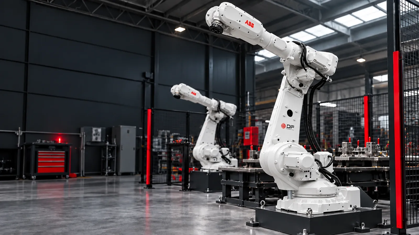 Robô industrial ABB branco em operação na linha de um cliente da DF Robótica